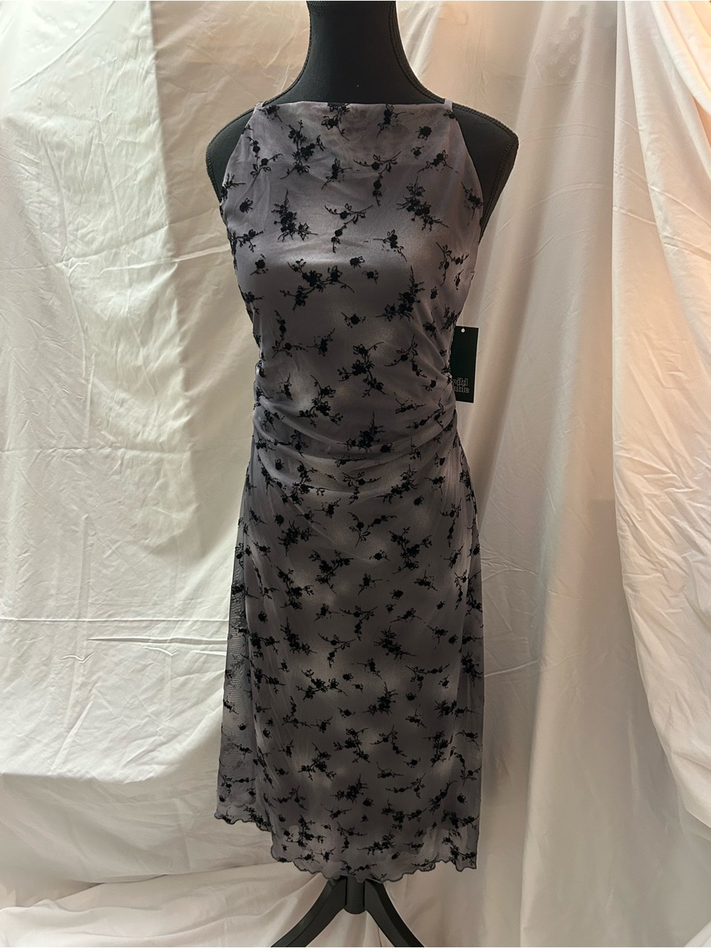 wild fable Gray Satin Midi Dress with Black Floral Overlay